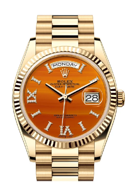 Watches with Skeletonized Hands for a Modern TwistRolex Day-Date 36 Carnelian Dial Gold Fluted Bezel Yellow Gold Watch 128238