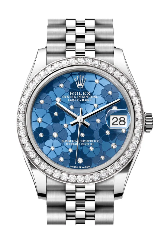 Outdoor Adventure Watches with CompassRolex Datejust 31 Azzurro Blue floral Motif Diamond Dial Jubilee Ladies Watch 278384RBR 278384RBR-0040