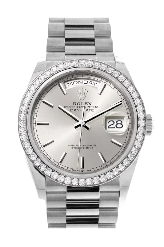 Wristwatches with Second Time Zone FeatureRolex Day-Date 36 Silver Dial Diamond Bezel White gold President Watch 128349RBR