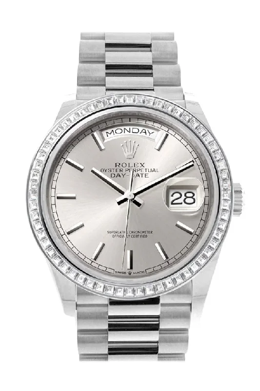 Watches with Baton-Style Hands for a Classic LookRolex Day-Date 36 Silver Dial Diamond Bezel Platinum President Watch 128396TBR