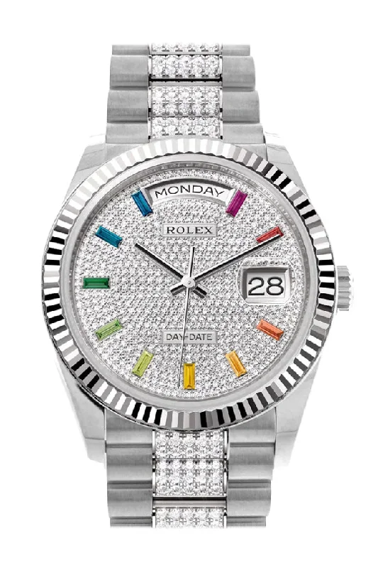 Stainless Steel Bracelet Watches for DurabilityRolex Day-Date 36 Diamond Paved Diamond Dial Fluted Bezel White Gold Diamond President Watch 128239