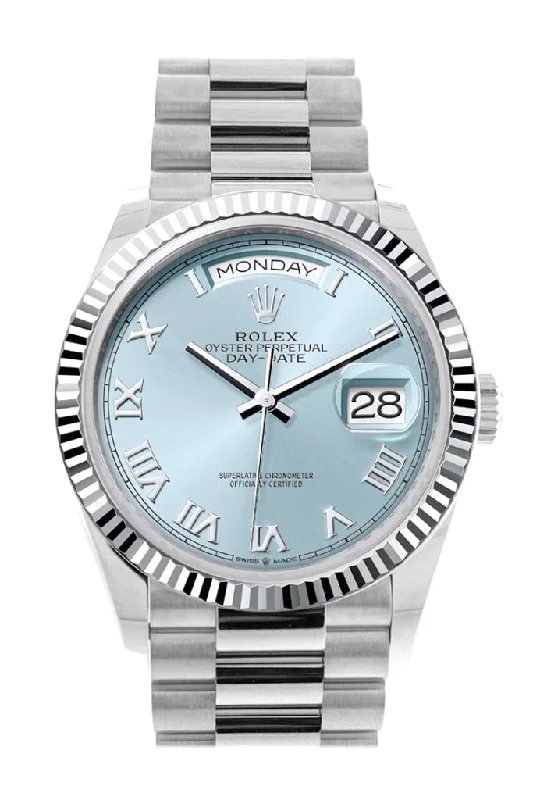 Minimalist Analog Watches for Everyday WearRolex Day-Date 36 Ice Blue Roman Dial Fluted Bezel Platinum President Watch 128236 DC