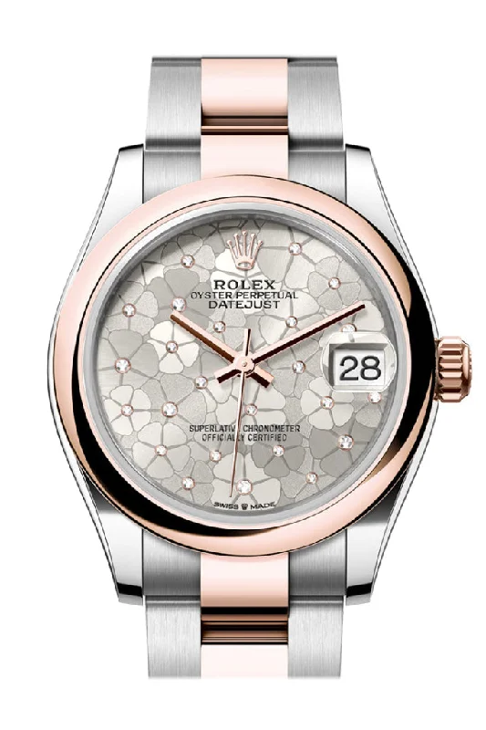 Watches with Gold Plated Cases for a Luxurious LookRolex Datejust 31 Silver Floral Motif Diamond Dial Rose Gold Steel Ladies Watch 278241 278241-0031