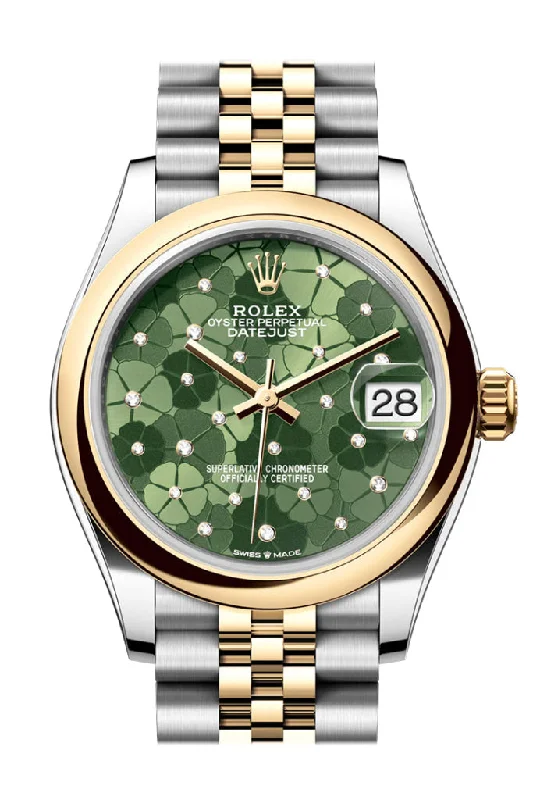 Watches with Glossy Finish Cases for a Shiny AppealRolex Datejust 31 Olive Green Floral Motif Dial Yellow Gold Steel Jubilee Ladies Watch 278243 278243-0032