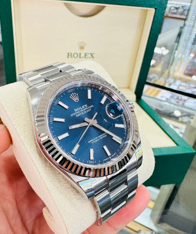 Leather Band Watches with Quick-Release BucklesRolex DateJust 41 126334 Blue Stick Oyster Steel 18k White Gold Bezel  Box Papers UNWORN