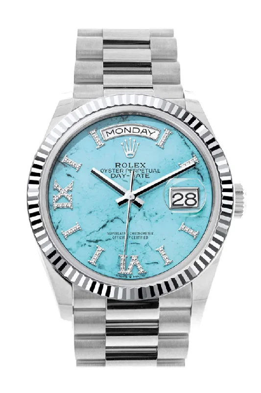 Fashionable Quartz Watches for Women with Leather StrapsRolex Day-Date 36 Turquoise Diamond Dial Fluted Bezel Platinum President Watch 128236