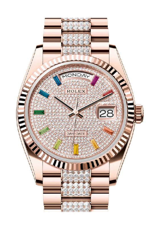 Watches with Braided Straps for a Handmade TouchRolex Day-Date 36 Diamond Paved Dial Fluted Bezel 18K Everose gold Diamond President Watch 128235