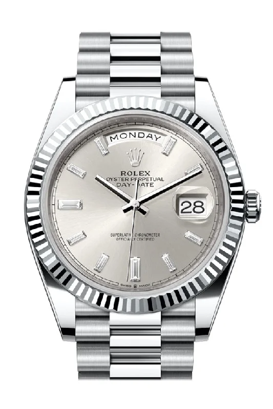 Women’s Dress Watches with Elegant StrapsRolex Day-Date 40 Silver Diamonds Dial Fluted Bezel Platinum President Men's Watch 228236