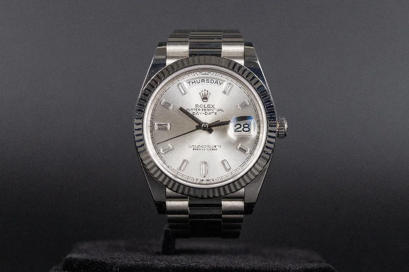 Outdoor Adventure Watches with CompassRolex<br>228239 DayDate 40 Silver Baguette Diamond Dial