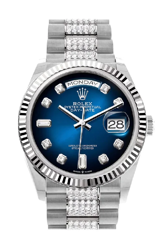 Watches with Backlight for Low-Light ConditionsRolex Day-Date 36 Blue ombré Diamond Dial Fluted Bezel White Gold Diamond President Watch 128239