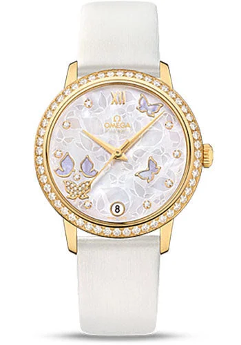 Watches with Stainless Steel PVD Coating for Scratch ResistanceOmega De Ville Prestige Co-Axial Watch - 36.8 mm Yellow Gold Case - Diamond Bezel - Mother-Of-Pearl Diamond Dial - White Leather Strap - 424.57.33.20.55.003