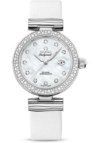 Watches with Braided Straps for a Handmade TouchOmega De Ville Ladymatic Omega Co-Axial Watch - 34 mm Steel Case - Diamond Bezel - White Diamond Dial - White Leather Strap - 425.37.34.20.55.002