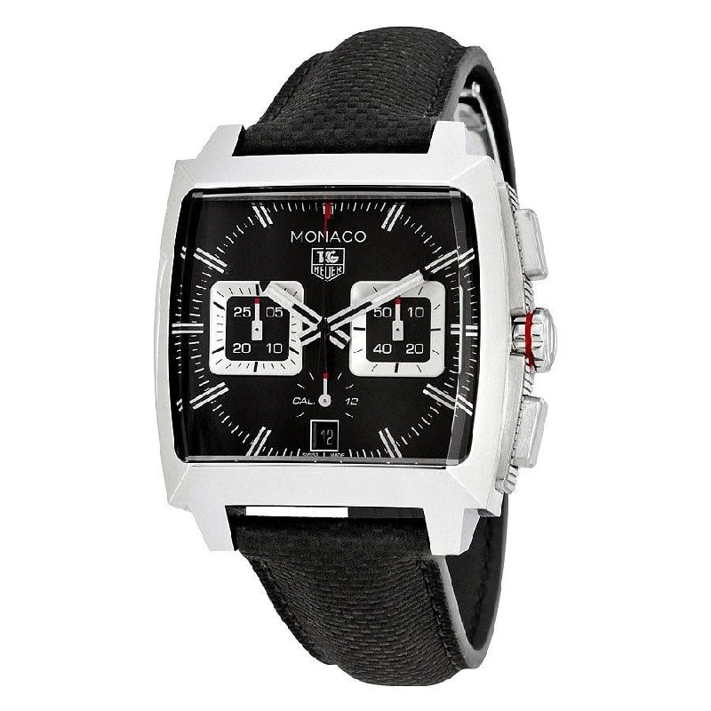 Skeleton Dial Mechanical Watches for Mechanics FansTag Heuer Men's CAL2113.FC6536 Monaco Chronograph Black Leather Watch