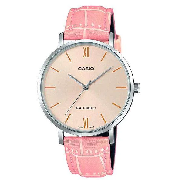 Watches with Power Reserve Indicator (for mechanical)Casio LTP-VT01L-4B Pink Leather Strap Watch for Women