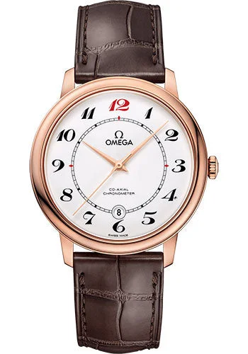 Watches with Glossy Finish Cases for a Shiny AppealOmega De Ville Prestige Co-Axial De Ville 50th anniversary Watch - 39.5 mm Red Gold Case - White Enamel Dial - Brown Leather Strap - 424.53.40.20.04.004