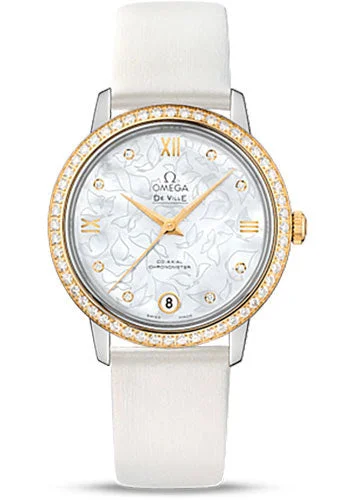 Vintage Style Mechanical Watches for CollectorsOmega De Ville Prestige Co-Axial Watch - 32.7 mm Steel Case - Diamond-Set Yellow Gold Bezel - Mother-Of-Pearl Diamond Dial - White Satin-Brushed Leather Strap - 424.27.33.20.55.002