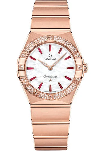 Watches with Dauphine-Style Hands for an Elegant LookOmega Constellation Quartz - 28 mm Sedna Gold Case - Diamond Bezel - White Pearled Mother-Of-Pearl Ruby Dial - 131.55.28.60.55.004