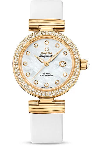 Military Style Watches with Luminescent HandsOmega De Ville Ladymatic Omega Co-Axial Watch - 34 mm Yellow Gold Case - Diamond Bezel - White Diamond Dial - White Leather Strap - 425.67.34.20.55.007