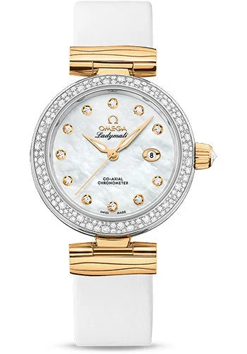 Leather Band Watches with Quick-Release BucklesOmega De Ville Ladymatic Omega Co-Axial Watch - 34 mm Steel - Yellow Gold Case - Diamond Bezel - White Diamond Dial - White Leather Strap - 425.27.34.20.55.003