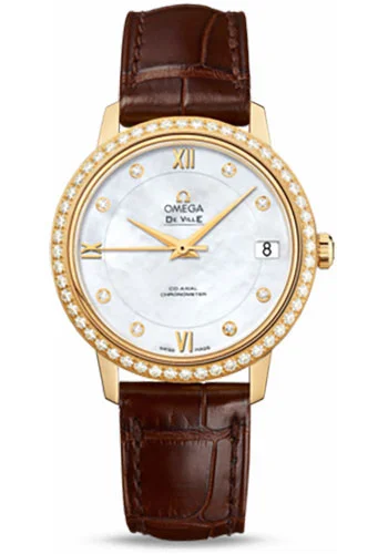 Watches with Rose Gold Plated Cases for a Feminine TouchOmega De Ville Prestige Co-Axial Watch - 32.7 mm Yellow Gold Case - Diamond Bezel - Mother-Of-Pearl Diamond Dial - Brown Leather Strap - 424.58.33.20.55.002