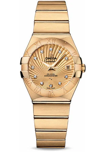 Watches with Rose Gold Plated Cases for a Feminine TouchOmega Ladies Constellation Chronometer Watch - 27 mm Brushed Yellow Gold Case - Champagne Supernova Diamond Dial - 123.50.27.20.58.001