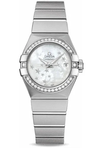 Watches with Embossed Dials for a Textured LookOmega Ladies Constellation Chronometer Watch - 27 mm Brushed Steel Case - Diamond Bezel - Mother-Of-Pearl Dial - 123.15.27.20.05.001