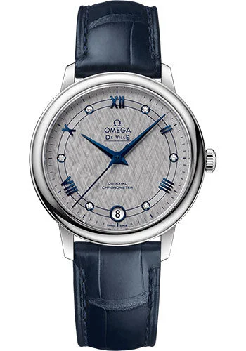 Watches with Luminous Markers for Night VisibilityOmega De Ville Prestige Co-Axial Watch - 32.7 mm Steel Case - Grey Dial - Blue Leather Strap - 424.13.33.20.56.002