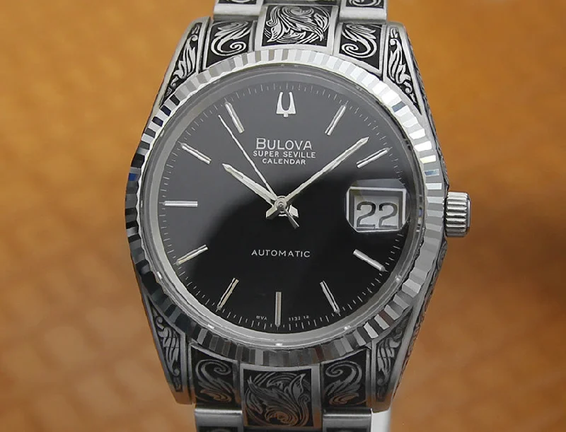 Titanium Cased Watches for Lightweight ComfortBulova Super Seville Carved Men's Watch - Black Dial