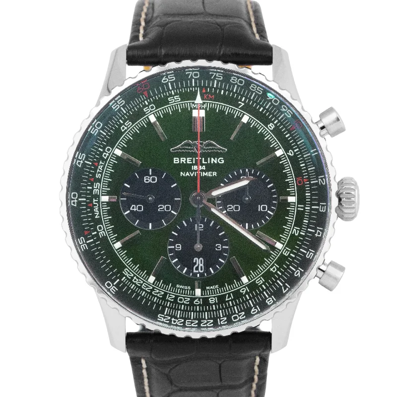 Watches with Skeletonized Hands for a Modern TwistMINT PAPERS Breitling Navitimer 46 B01 GREEN 46mm Steel Chronograph AB0137 BOX