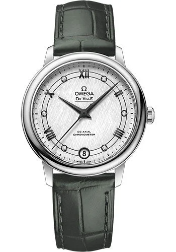 Alloy Cased Watches for Affordable QualityOmega De Ville Prestige Co-Axial Watch - 32.7 mm Steel Case - White Silvery Dial - Hunter Green Leather Strap - 424.13.33.20.52.002