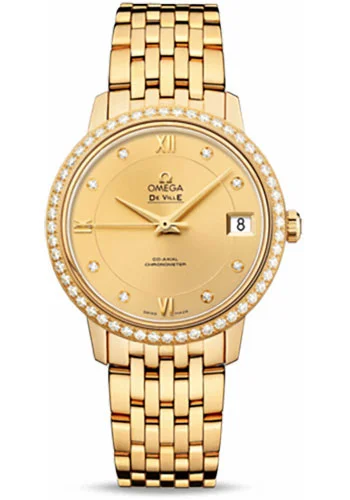 Watches with Glossy Finish Cases for a Shiny AppealOmega De Ville Prestige Co-Axial Watch - 32.7 mm Yellow Gold Case - Diamond Bezel - Champagne Diamond Dial - 424.55.33.20.58.001