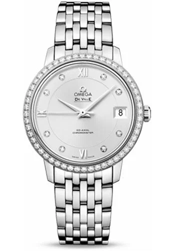 Outdoor Adventure Watches with CompassOmega De Ville Prestige Co-Axial Watch - 32.7 mm Steel Case - Diamond Bezel - Silver Diamond Dial - 424.15.33.20.52.001