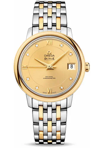 Watches with Luminous Markers for Night VisibilityOmega De Ville Prestige Co-Axial Watch - 32.7 mm Steel And Yellow Gold Case - Champagne Diamond Dial - 424.20.33.20.58.001