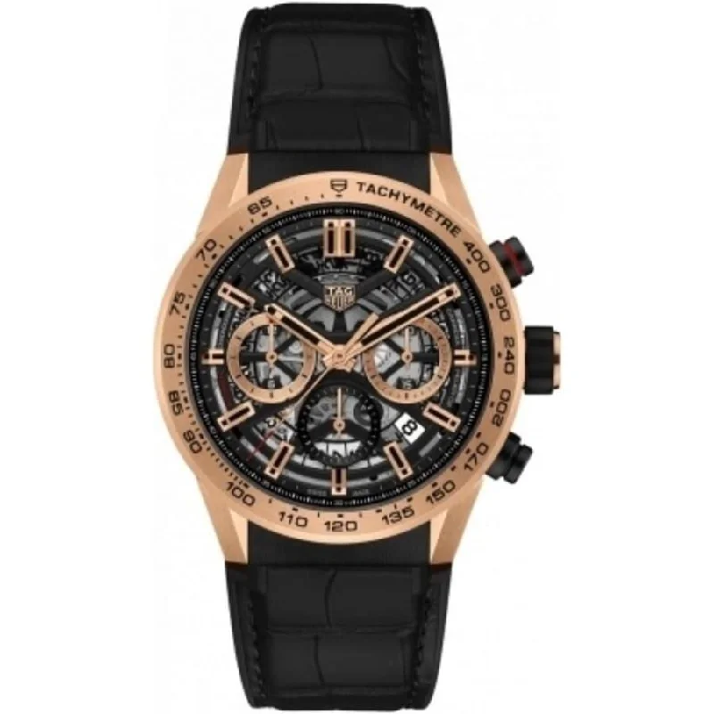 Skeleton Dial Mechanical Watches for Mechanics FansTag Heuer Men's CBG2051.FC6426 Carrera Chronograph Black Leather Watch