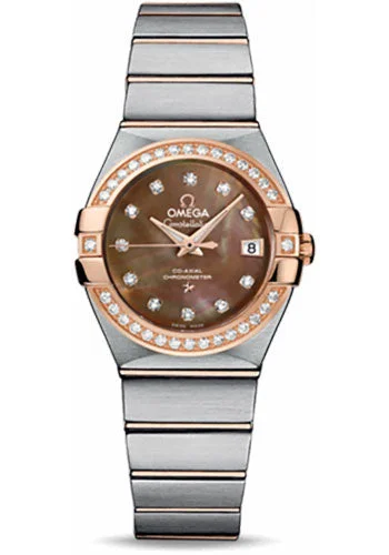 Women’s Dress Watches with Elegant StrapsOmega Ladies Constellation Chronometer Watch - 27 mm Brushed Steel And Red Gold Case - Diamond Bezel - Dark Mother-Of-Pearl Diamond Dial - 123.25.27.20.57.001