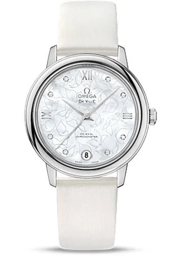 Watches with Power Reserve Indicator (for mechanical)Omega De Ville Prestige Co-Axial Watch - 32.7 mm Steel Case - Mother-Of-Pearl Diamond Dial - White Satin-Brushed Leather Strap - 424.12.33.20.55.001