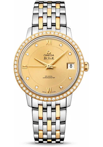 Luxury Quartz Watches with High-End MovementsOmega De Ville Prestige Co-Axial Watch - 32.7 mm Steel And Yellow Gold Case - Diamond Bezel - Champagne Diamond Dial - 424.25.33.20.58.001