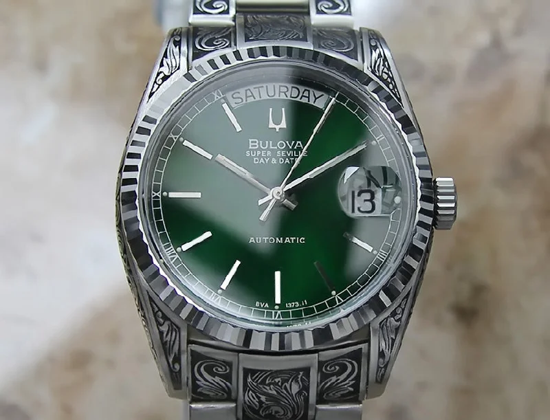 Men’s Watches with Date Display WindowBulova Super Seville Carved Men's Watch - Green Dial