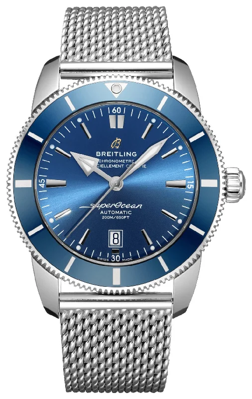 Watches with Engraved Dials for PersonalizationBreitling Superocean Heritage Automatic Chronometer Stainless Steel Mesh Blue Dial Date Divers Mens Watch Special Edition AB2020161C1A1