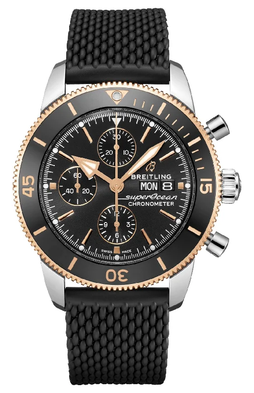 Watches with Silicone Straps for a Soft FeelBreitling Superocean Heritage Automatic Chronometer Chronograph Stainless Steel & 18k Rose Gold Black Dial Black Rubber Strap Day/Date Divers Mens Watch U13313121B1S1