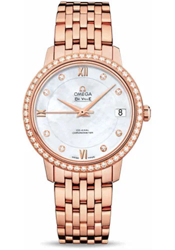 Limited Edition Watches for Exclusive CollectorsOmega De Ville Prestige Co-Axial Watch - 32.7 mm Red Gold Case - Diamond Bezel - Mother-Of-Pearl Diamond Dial - 424.55.33.20.55.002