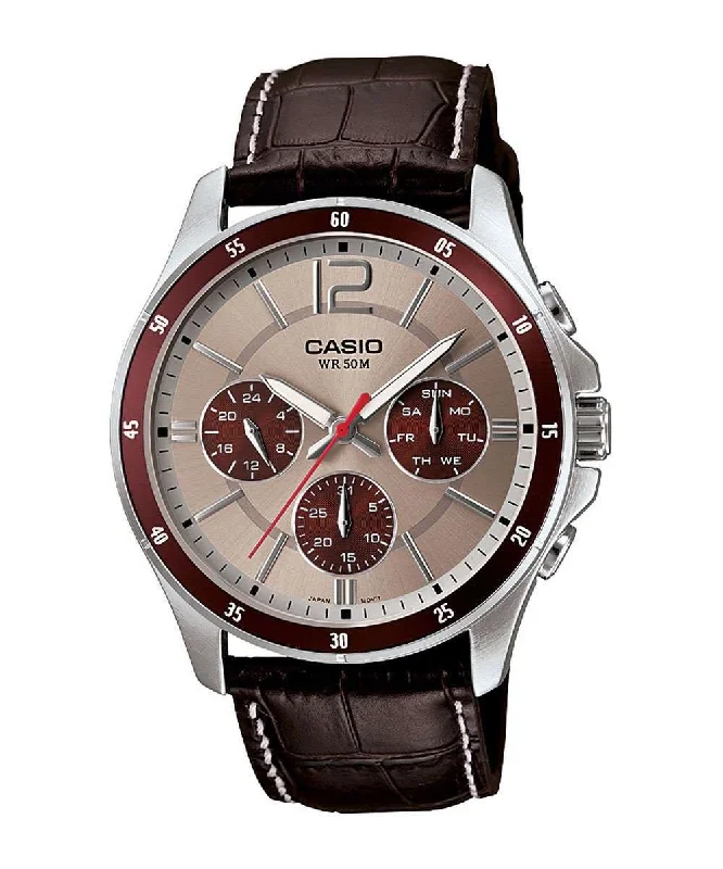 Watches with Baton-Style Hands for a Classic LookCasio MTP-1374L-7A1VDF Brown Leather Strap Watch for Men