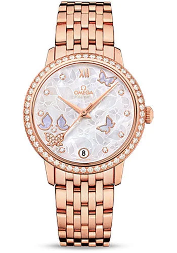 Watches with Backlight for Low-Light ConditionsOmega De Ville Prestige Co-Axial Watch - 36.8 mm Red Gold Case - Diamond Bezel - Mother-Of-Pearl Diamond Dial - 424.55.33.20.55.004