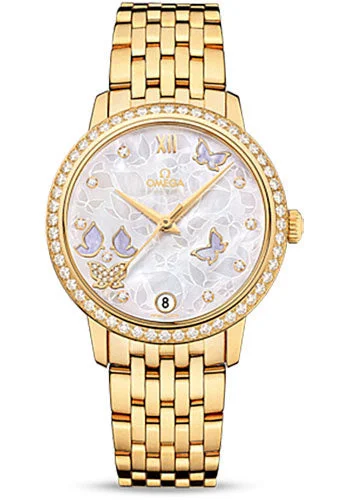 Waterproof Diving Watches with Rotating BezelOmega De Ville Prestige Co-Axial Watch - 36.8 mm Yellow Gold Case - Diamond Bezel - Mother-Of-Pearl Diamond Dial - 424.55.33.20.55.005