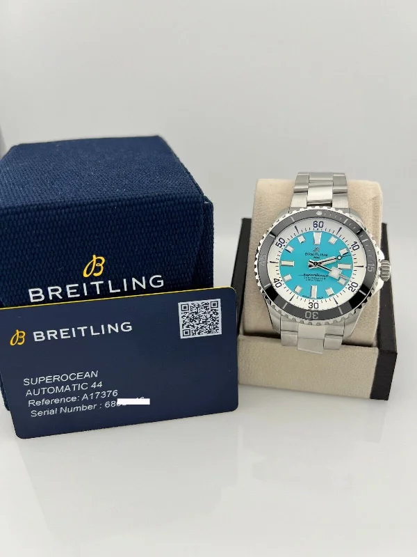 Alloy Cased Watches for Affordable QualityBreitling Superocean A17376 44mm Turquoise Blue Dial Stainless Box Paper