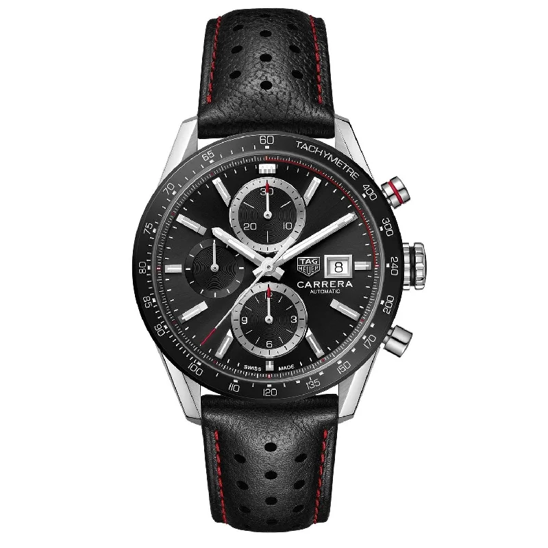 Watches with Glossy Finish Cases for a Shiny AppealTag Heuer Men's CBM2110.FC6454 Carrera Chronograph Black Leather Watch