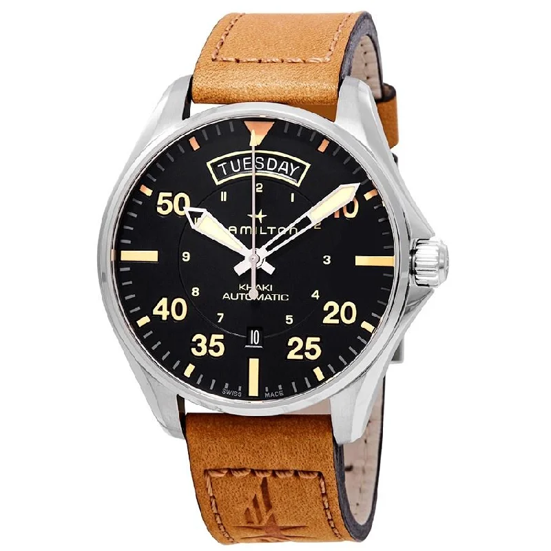 Ceramic Cased Watches with Mother-of-Pearl DialsHamilton Men's H64645531 Khaki Pilot Automatic Brown Leather Watch