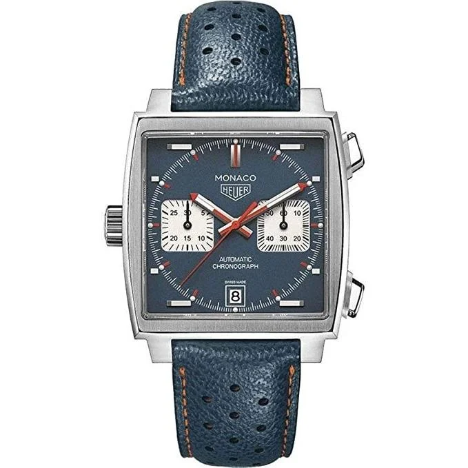 Watches with Skeletonized Hands for a Modern TwistTag Heuer Men's CAW211P.FC6401 Monaco Steve McQueen Chronograph Blue Leather Watch