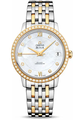 Designer Brand Watches with Unique Dial PatternsOmega De Ville Prestige Co-Axial Watch - 32.7 mm Steel And Yellow Gold Case - Diamond Bezel - Mother-Of-Pearl Diamond Dial - 424.25.33.20.55.001