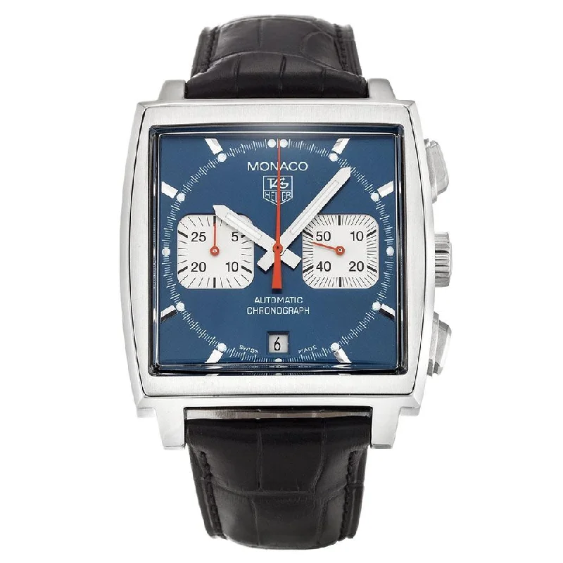 Watches with Power Reserve Indicator (for mechanical)Tag Heuer Men's CW2113.FC6183 Monaco Chronograph Blue Leather Watch